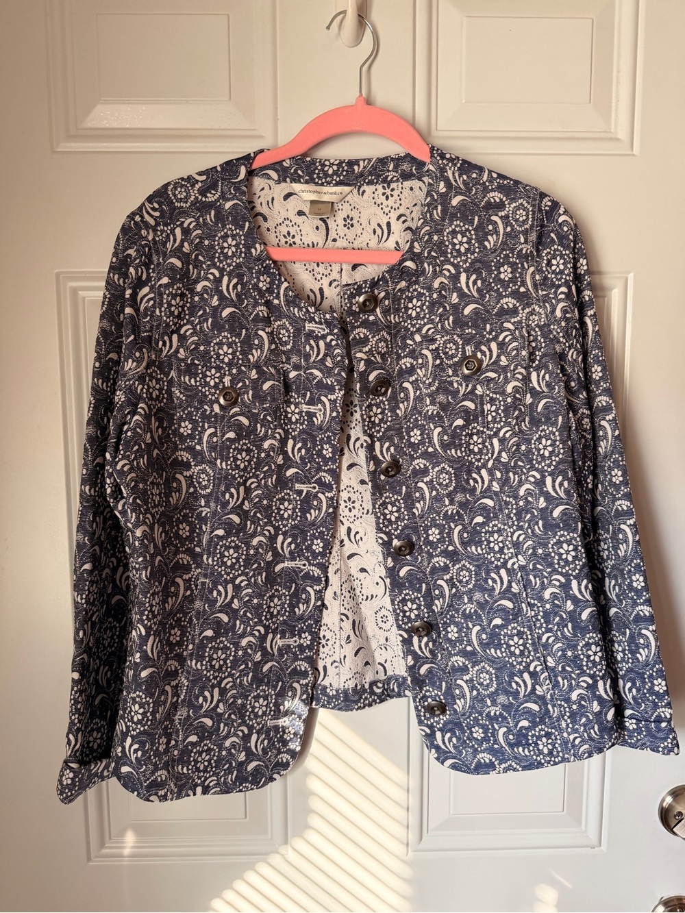 Christopher & Banks Navy and White Paisley Button Jacket